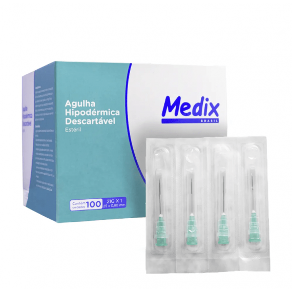 Agulha Hipodérmica Verde 25x0,80mm 21G Cx 100un - Medix